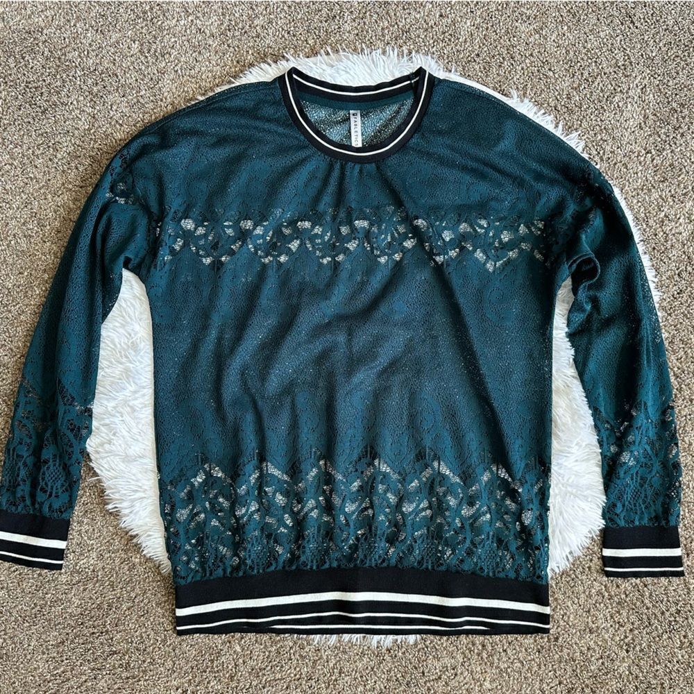 Fabletics Sophie Top Popover Lace Long Sleeve Dark Teal Black Womens Size Large‎